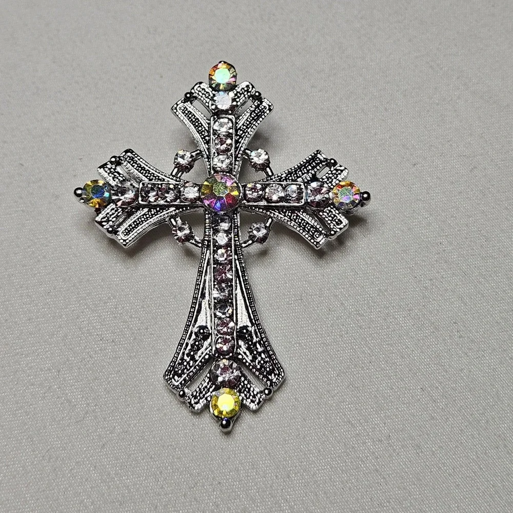 Rhinestone Cross Pendant Women OS Silver AB Crystal Gothic Filigree